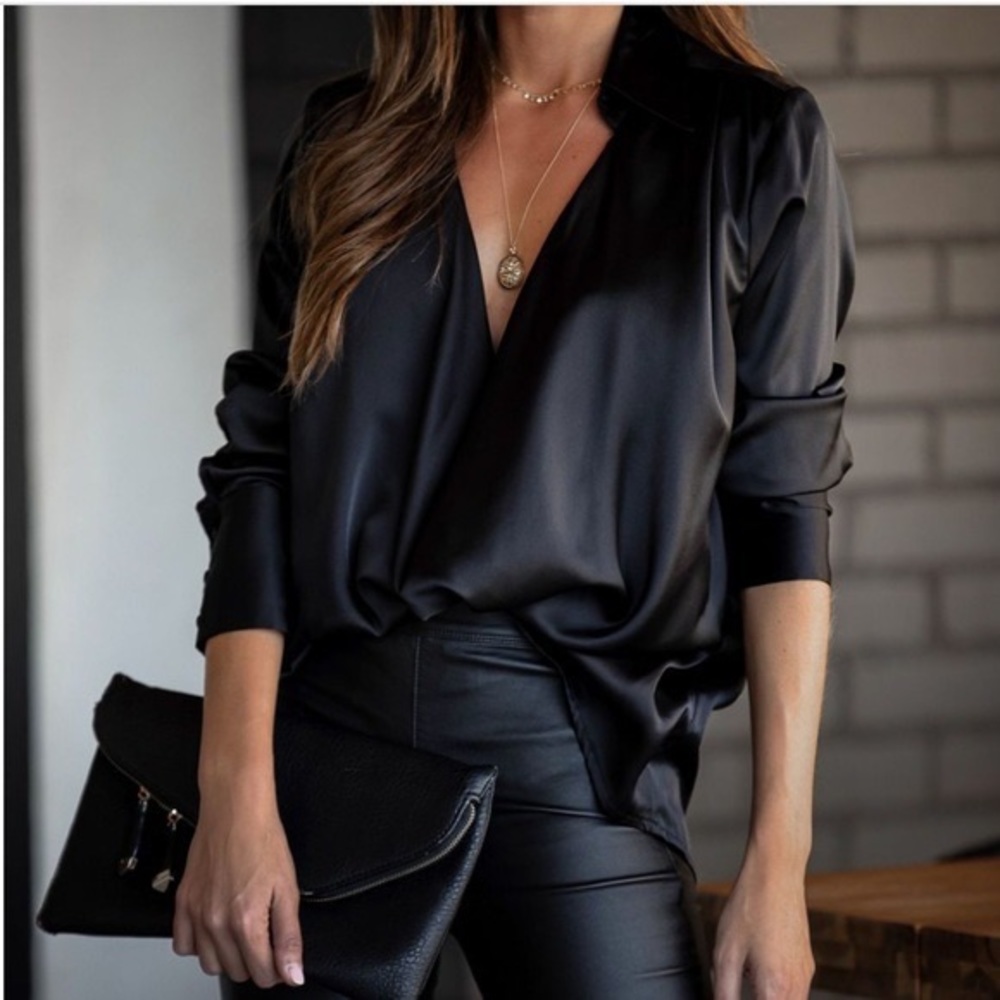 VICI Collection - PROBLEM SOLVED SATIN COLLARED DRAPE BLOUSE - BLACK